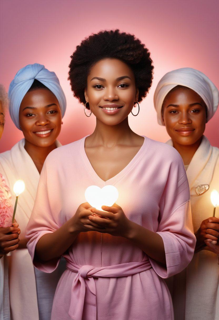 A diverse group of women of varying ages, backgrounds, and ethnicities, standing united with supportive expressions, surrounded by symbols of self-care like flowers, wellness items, and a heart. In the background, soft glowing lights represent hope and resilience, while a ribbon for cancer awareness gently intertwines among the elements. The color palette should be warm and inviting, evoking feelings of strength and compassion. vibrant colors. soft focus. 3D.